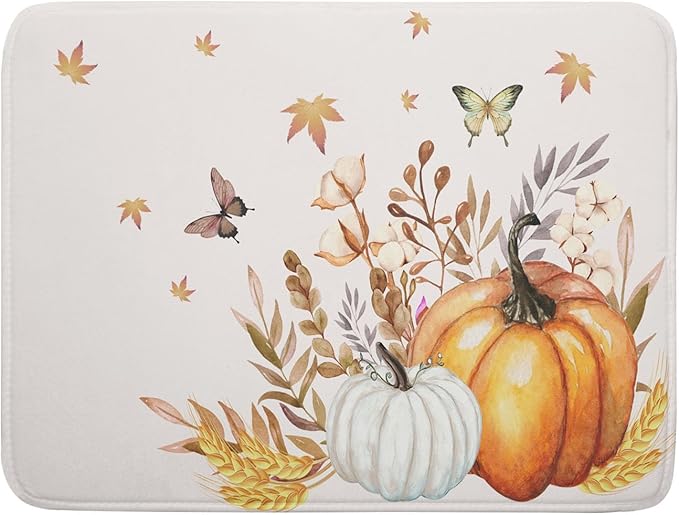 Fall Pumpkin Maple Dish Drying Mat for Kitchen Counter,Autumn Butterflies Harvest Drying Mat 18 x 24 Inch with Absorbent Reversible Microfiber Dish Drying Pad Dish Rack Drainer Mat for Coffee Bar