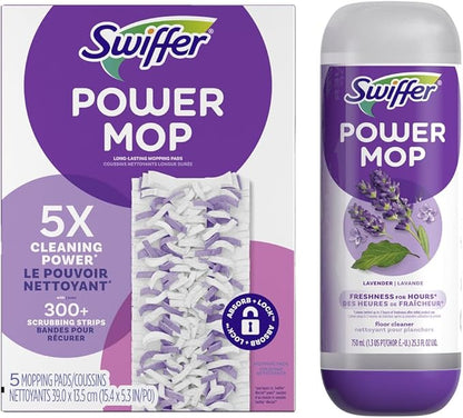 Swiffer Power Mop Refill Pack, Floor Cleaner for Mopping Tile, Vinyl, Laminate, Wood in Home, Bathroom, Kitchen, All Purpose Multi-Surface Cleaning, 5 Pads + 1 Lavender Solution