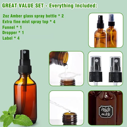 2oz Amber Glass Spray Bottles for Essential Oils, Hair, Skincare, Cleaning & Travel,2-Pack Small Empty Spray Bottle