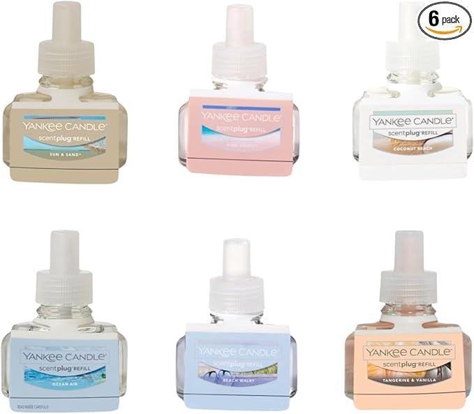 Yankee Candle ScentPlug Refill, Ocean Air, Beach Walk, Sun & Sand, Pink Sands, Coconut Beach, Tangerine & Vanilla, Electric Home Fragrance Room Air Freshener, 6 Count (Variety Pack)