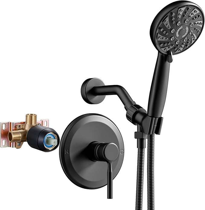 Single-Handle Shower Faucet Set Matte Black Shower Trim Kit with Valve 6 Spray Handheld Shower Head Shower Valve and Trim Kit Bathroom Shower System Fixtures KIYPUT