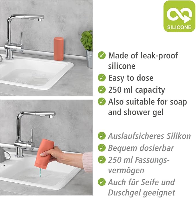 WENKO Easy Squeeze Dish Soap Dispenser for Kitchen Sink, Squeeze Bottle for Washing Up Liquid and Hand Soap, Round refillable Plastic Bottles, Easy to Fill and to use, 8.5 oz, Brick red