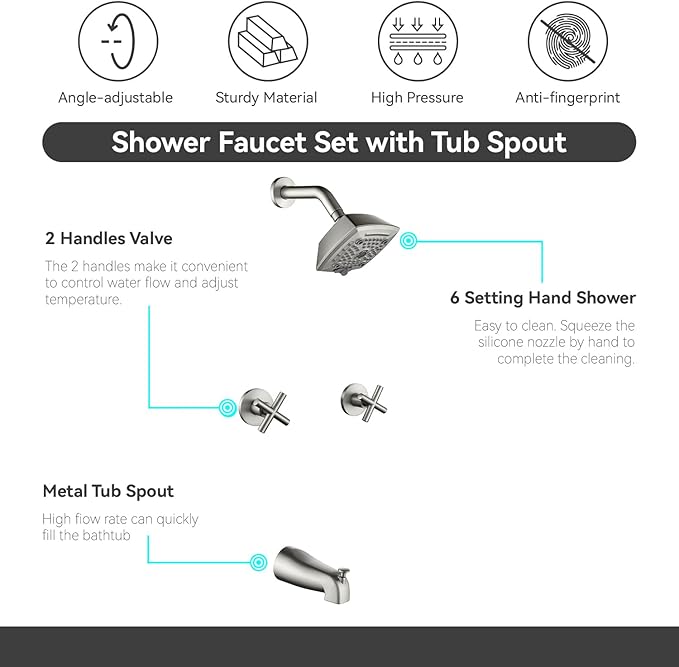 2 Handle Shower Faucet Set with Tub Spout 6-Spray Shower Head and Handle Set Shower Trim Kit with Rough-in Valve Bathroom Shower Faucet Valve Trim Kit Brushed Nickel