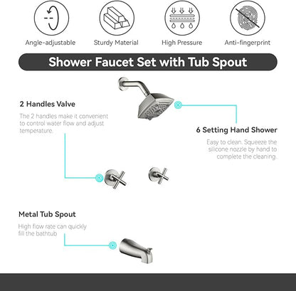 2 Handle Shower Faucet Set with Tub Spout 6-Spray Shower Head and Handle Set Shower Trim Kit with Rough-in Valve Bathroom Shower Faucet Valve Trim Kit Brushed Nickel