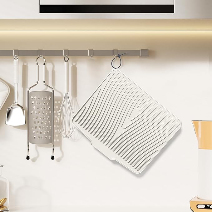 Silicone Dish Drying Mat for Kitchen Counter, Non-Slip Drain Pad, Dish Drying Pad, Easy to Clean Dish Rack Pad, Multi-Use as Heat Resistant Trivet, 19.7" x 17" , Cream
