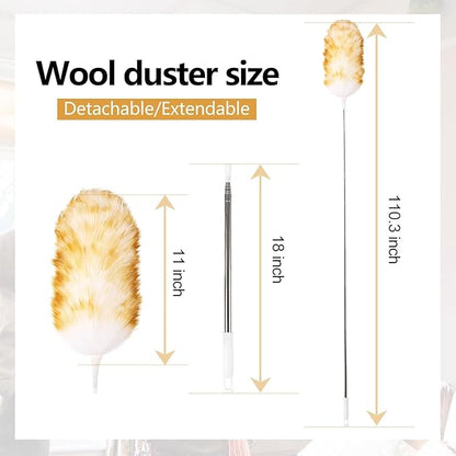 2-Pack Lambswool Extendable Duster 29-110 Inch, Anti-Static Flexible Head, Stainless Steel Pole for High Ceilings, Fans, Interior & Roof Dusting.