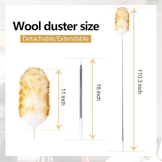 2-Pack Lambswool Extendable Duster 29-110 Inch, Anti-Static Flexible Head, Stainless Steel Pole for High Ceilings, Fans, Interior & Roof Dusting.
