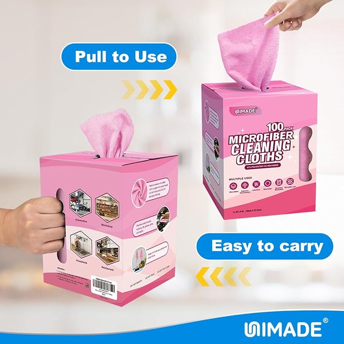 Microfiber Cleaning Cloth, 100 Sheets Microfiber Towels for Cars Commercial Grade Washcloths Lint-Free Bulk Shop Towel Cleaning Rags for Household Restaurant Garage Housekeeping,11"x 9", Pink
