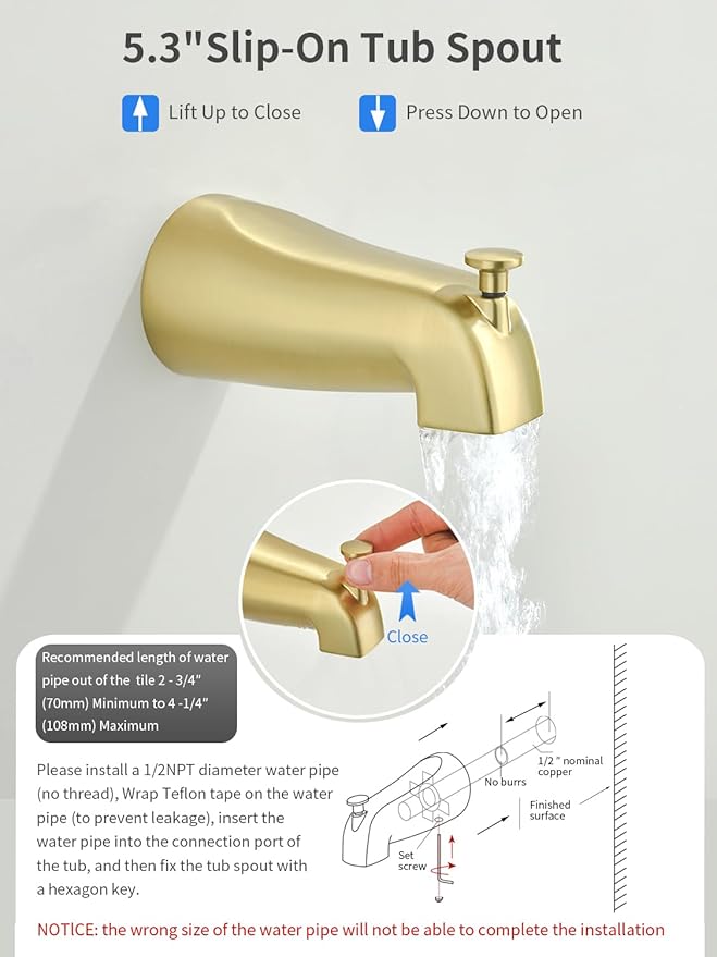 Brushed Gold Shower Head and Handle Set 5 Inch Bathtub Faucet Shower Faucet with 6-Spray Shower Head Shower Valve Kit Modern Shower Set High-Pressure Shower Trim Kit