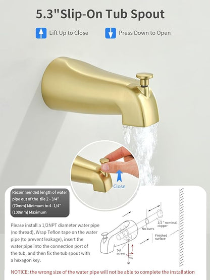 Brushed Gold Shower Head and Handle Set 5 Inch Bathtub Faucet Shower Faucet with 6-Spray Shower Head Shower Valve Kit Modern Shower Set High-Pressure Shower Trim Kit