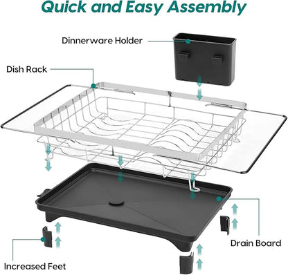 MERRYBOX Stainless Steel Dish Drying Rack, Expandable Dish Drainers for Kitchen Sink, Non-Slip & Durable - Sink Dish Rack with Large Cutlery Holder (Adjustable 15.4" to 23" cm)