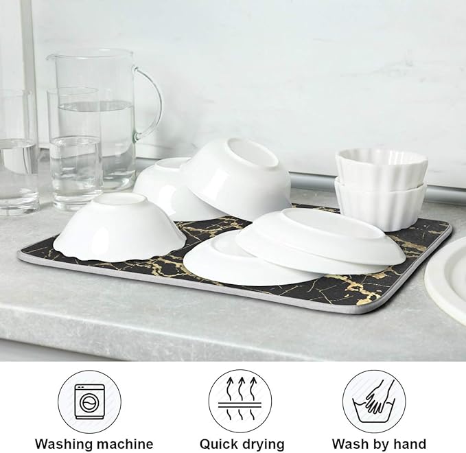 Super Absorbent Dish Drying Mat, Microfiber Fast-Drying Dish Mat, 24" x 18", Kitchen Dish Drying Pad, Black Gold Marble