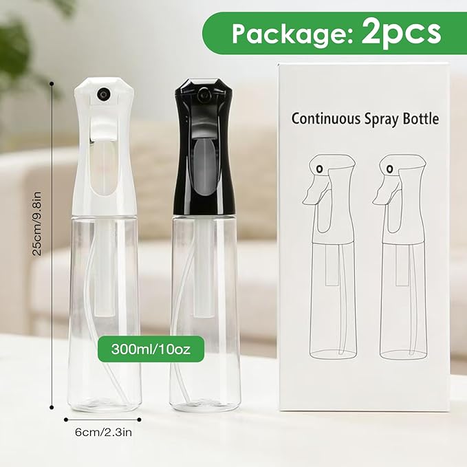 THINTON Mist Spray Bottle for Hair (10oz/300ml) - 2 Pcs Continuous Spray Bottle for Salons Cleaning Plants Gardening