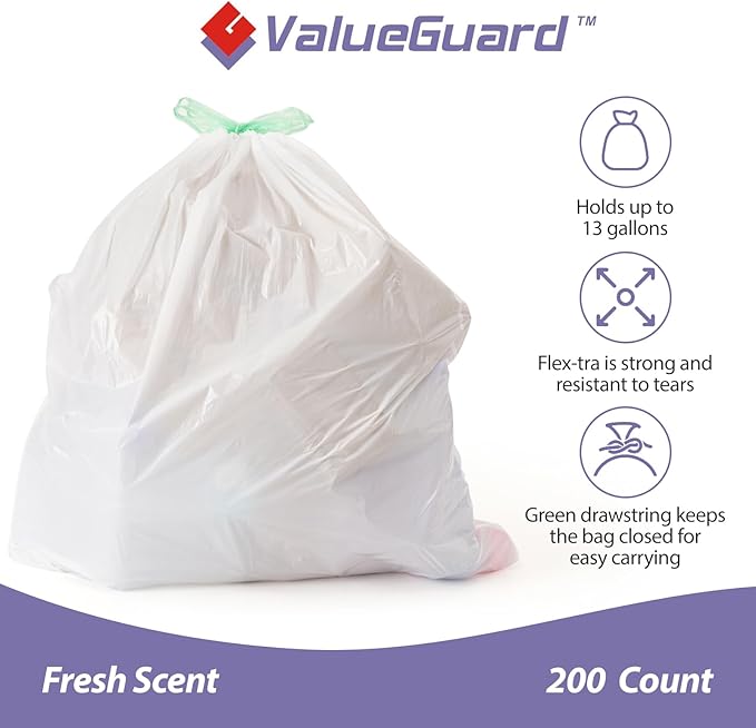 ValueGuard Trash Bags Garbage Bag 13 Gallon Drawstring Tall Waste Bag for Kitchen Office Party 0.6 Mil (200 Count)