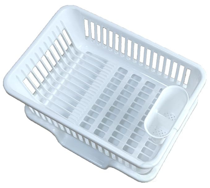 Heavy Duty 2-Piece Plastic Dish Drying Rack Set in White - Includes Large Dish Drainer, Attached Drainboard, and Utensil Cup Holders for Home Kitchen Countertop Organization