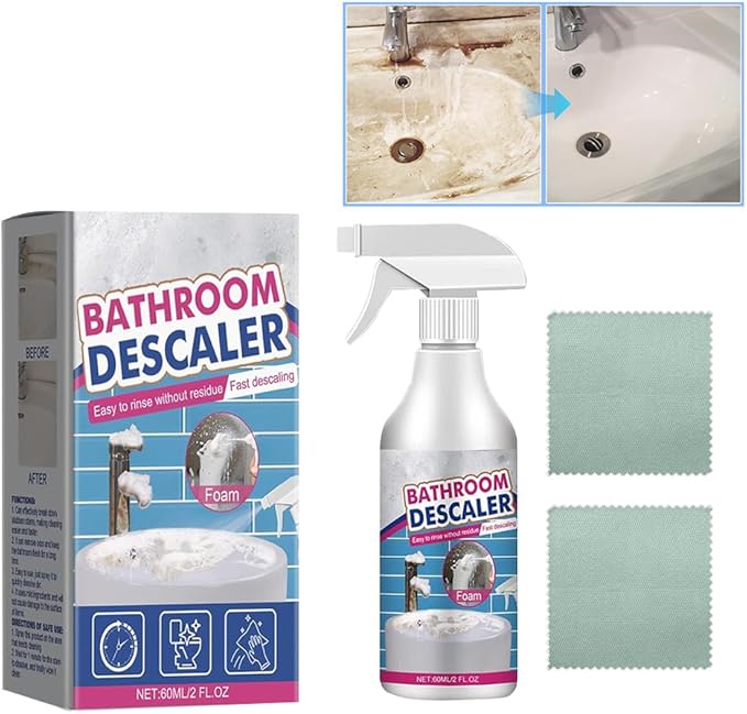 Bathroom Descaler Foam Cleaner 2025|Powerful Cleaner Spray for Shower,Bathtub,Glass,Faucet,Tile,Toilet|Strong Cleaning for Stubborn Stains&Limescale Removal with 2 Microfiber Cloths (5 PCS-10oz)