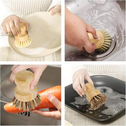 Bamboo Dish Scrub Brush with Bamboo Pan Scraper,Sisal Coconut Palm Round Brush,Effectively Use for Kitchen Pots, Bowls, Plates, Cutting Boards and Vegetables Cleaning Without Scratching