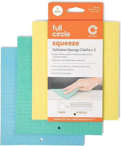 Full Circle Squeeze - Cellulose Sponge Cloths, Super Absorbent Dishtowels, Reuseable Paper Towel Alternative, 100% Natural Plant-Based, 3-Pack, Multicolor