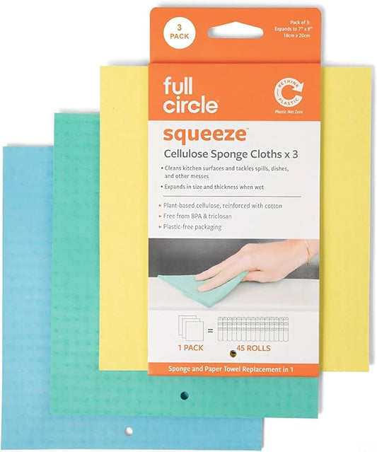 Full Circle Squeeze - Cellulose Sponge Cloths, Super Absorbent Dishtowels, Reuseable Paper Towel Alternative, 100% Natural Plant-Based, 3-Pack, Multicolor