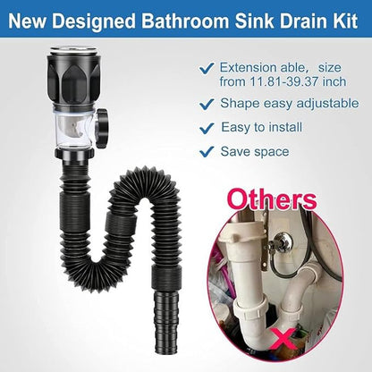Bathroom Sink Drain Kit, Flexible P-Trap Sink Drain Pipe with Pop Up Stopper, Bathroom Sink Pipe Replacement Kit for 1-1/4'' & 1-1/2'' Holes, Anti-Clogging Stopper
