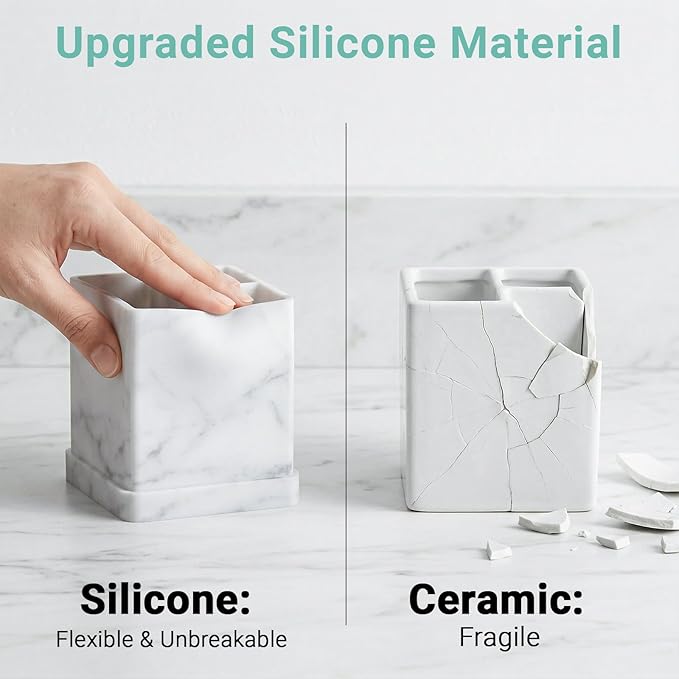 Toothbrush Holders for Bathrooms, 3 Slots Kids Countertop Silicone Electric Tooth Brush and Toothpaste Holder Organizer Stand with Drainage Tray, Bathroom Accessories Decor, White Marble