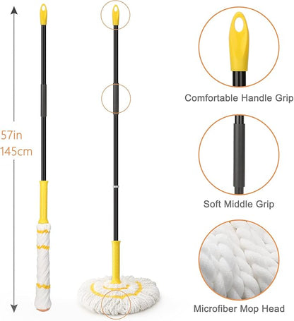 Self-Wringing Twist Mops with 1 Extra Refill, Microfiber Mops for Floor Cleaning with 57 " Long Handle, Easy Wringing Floor Mop for Hardwood Commercial Household Clean (1 Handle & 2 Mop Heads)