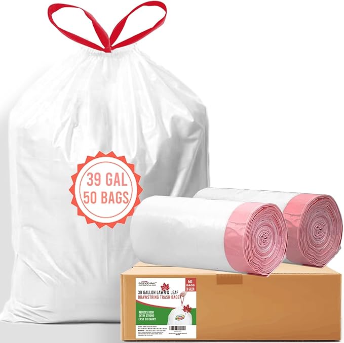 BEIDOU-PAC 39 Gallon Lawn & Leaf Trash Bags Drawstring, 50 Count, Heavy Duty White & Unscented Plastic Bags, Multi-purpose Garbage Bags for Home Commercial, Outdoor, Construction, Industrial
