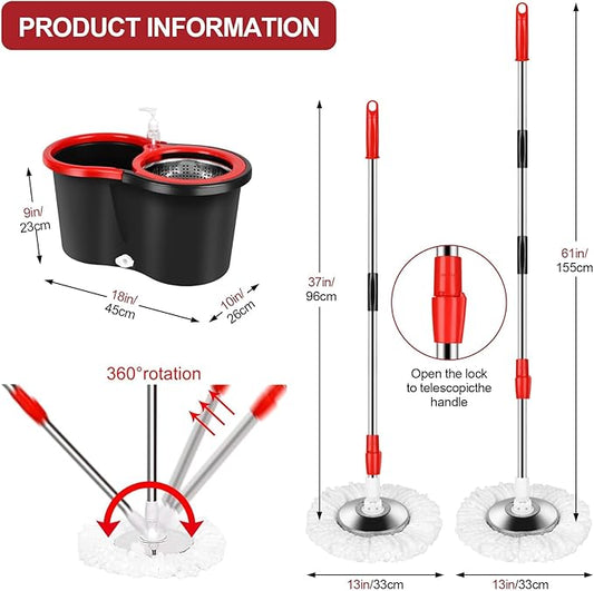 Mop Bucket with Wringer Set, 360 Rotation Mop Bucket Systerm for Floor Cleaning with 3 Microfiber Mop Head for Office and Home Use, Black (20QT)