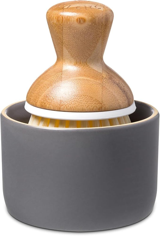 Full Circle Bubble Up Bamboo Dish Brush & Ceramic Soap Dispenser – Family Safe, Formaldehyde-Free – Kitchen Scrub Brush for Dishes, Nonstick & Cast Iron, Gray
