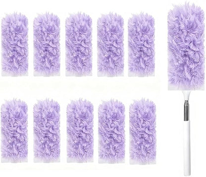 Heavy Duty Duster Refills, Disposable Dusters Kit for Cleaning Dusting Furniture Blind Ceiling Fan, Multi Surface 360 Feather Duster(10)+3FT Extended Handle（1） (pueple)