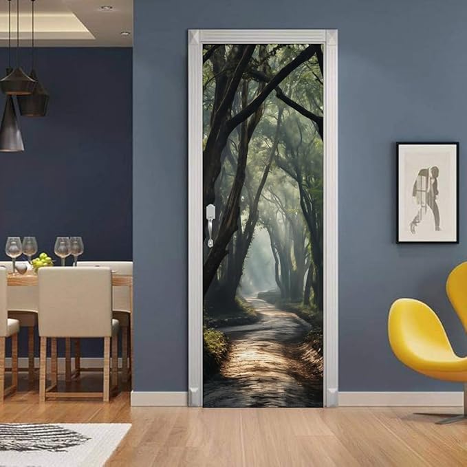 REDAMANCY Sunshine Green Forest Tree Pathway Peel and Stick Door Stickers Vinyl 3D Door Mural Decals Decor Wallpaper Self-Adhesive, Waterproof, Removable