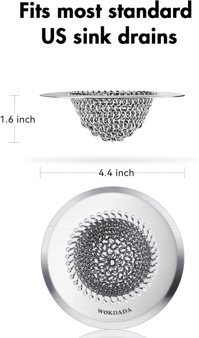 Wokdada Revolutionary Kitchen Sink Drain Strainer/Patented Reversible Chain Mesh, Effortless Cleaning & Debris Catcher, Large Capacity, No Clog, 304 Stainless Steel & Rust-Proof/Handmade