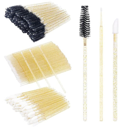 300 PCS Eyelash Extension Supplies Kit Disposable Micro Swab Brush Eyebrow Spoolies Lip Stick Brush Mascara Wand Applicator Makeup Brush Tool(all gold kits)