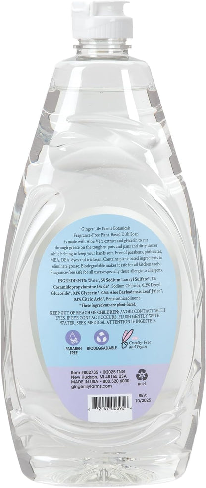 Ginger Lily Farms Botanicals Plant-Based Liquid Dish Soap, Concentrated Formula with Max Grease Cleaning Power, Cruelty-Free, Fragrance-Free, 24 Fl Oz