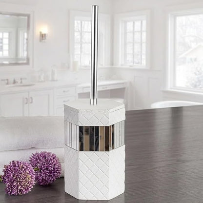 Creative Scents Quilted Mirror Bathroom Toilet Brush Set - White Toilet Bowl Brush and Holder - Good Grip Toilet Bowl Cleaner Brush and Holder - Decorative Compact Toilet Bowl Scrubber