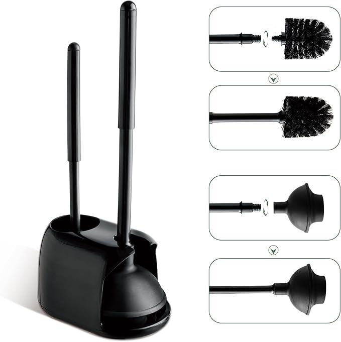 Eyliden Toilet Plunger and Brush, 2 in 1 Toilet Bowl Brush Plunger Set with Holder, Bathroom Cleaning Tools Combo with Caddy Stand, Nylon Bristles, Shatter-Resistant Plastic, Black