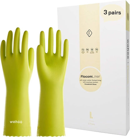 LANON 3 Pairs wahoo Skin-Friendly Cleaning Gloves, Dishwashing Kitchen Gloves with Cotton Flocked Liner, Reusable, Non-Slip, Bud Tender, Small