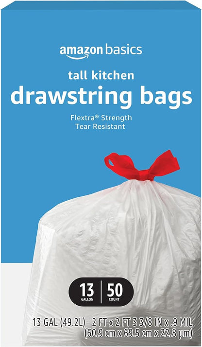 Amazon Basics Flextra Tall Kitchen Drawstring Trash Bags, 13 Gallon, 50 Count, Tear-Resistant, Unscented