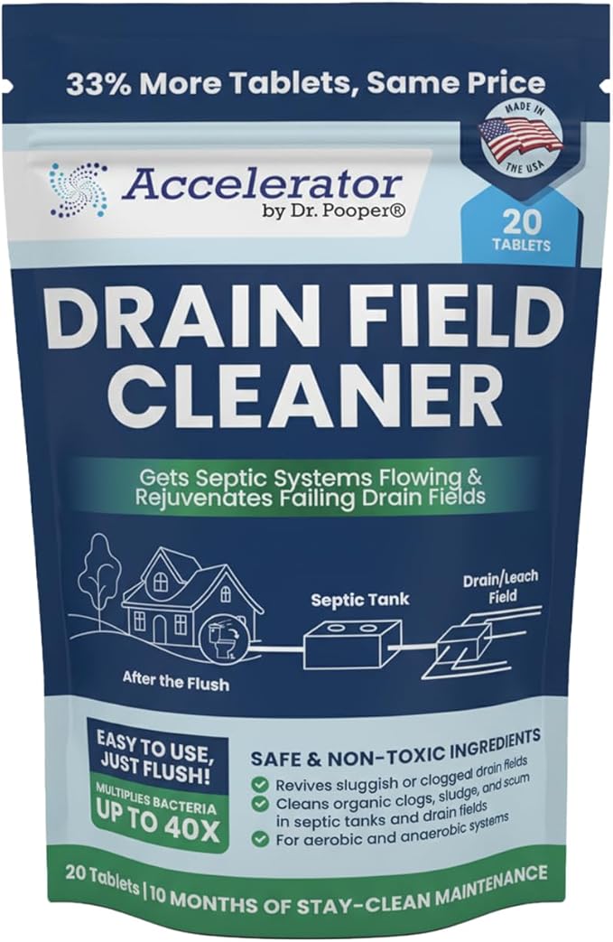 Drain Field Cleaner Tablets (20 Count) - Septic Tank Treatment for Clogs, Odor & Sludge - 90% Less Plastic - 10 Month Supply - Aerobic & Anaerobic Systems - Easy Flush