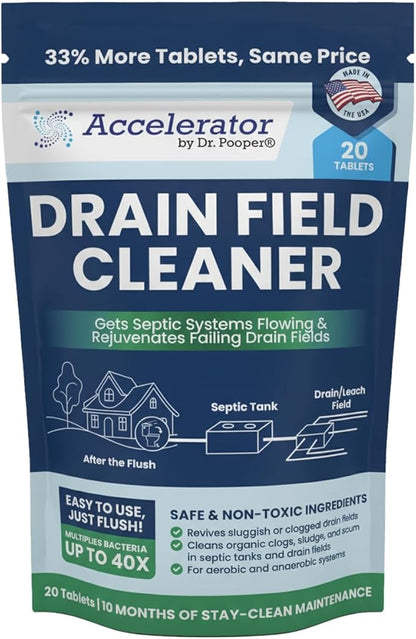 Drain Field Cleaner Tablets (20 Count) - Septic Tank Treatment for Clogs, Odor & Sludge - 90% Less Plastic - 10 Month Supply - Aerobic & Anaerobic Systems - Easy Flush