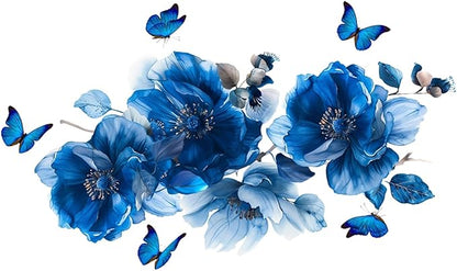 Blue Flower Wall Decals Peel and Stick Peony Floral Wall Sticker Decor Removable Peonies Bouquet Wall Murals with Butterflies for Girls Bedroom Living Room Bathroom Hallway Door Office Kids Nursery