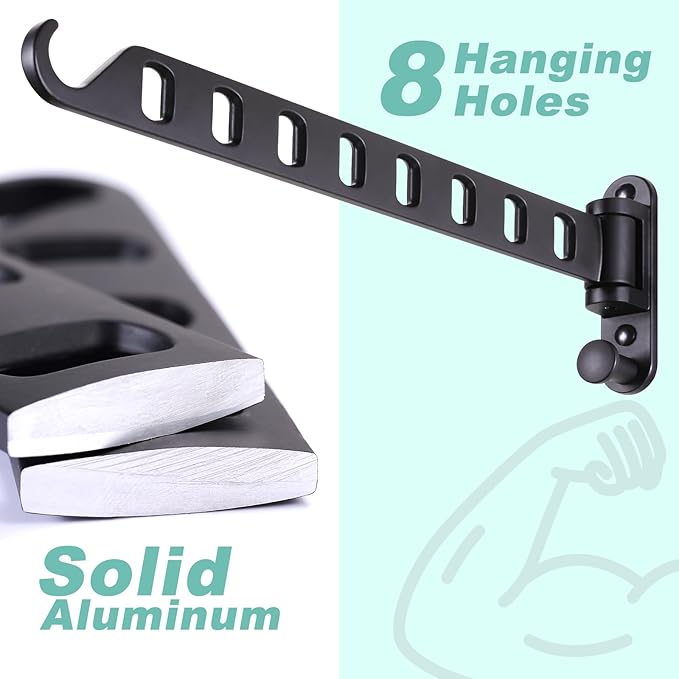 Wall Mounted Clothes Hanger with Swing Arm - 8-Hole Laundry Drying Rack | 180° Rotation & Space Saving for Laundry Room, Closet | Sturdy Hanging Bar | Solid Aluminium(2-Pack, Black)