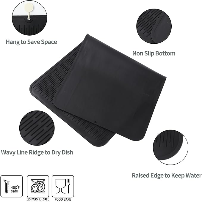 MicoYang Silicone Dish Drying Mat for Multiple Usage,Easy clean,Eco-friendly,Heat-resistant Silicone Mat for Kitchen Counter or Sink,Refrigerator or Drawer Liner Black 5XL 36inches x 18inches