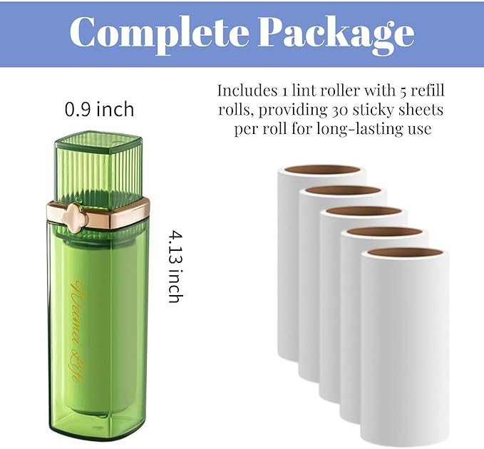 Mini Lint Roller, Portable & Travel Lint Remover for Clothes and Pet Hair, Pocket-Size Lipstick Design, 1 Green and 5 Refills