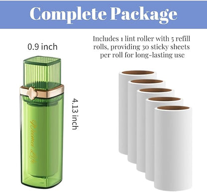 Mini Lint Roller, Portable & Travel Lint Remover for Clothes and Pet Hair, Pocket-Size Lipstick Design, 1 Green and 5 Refills