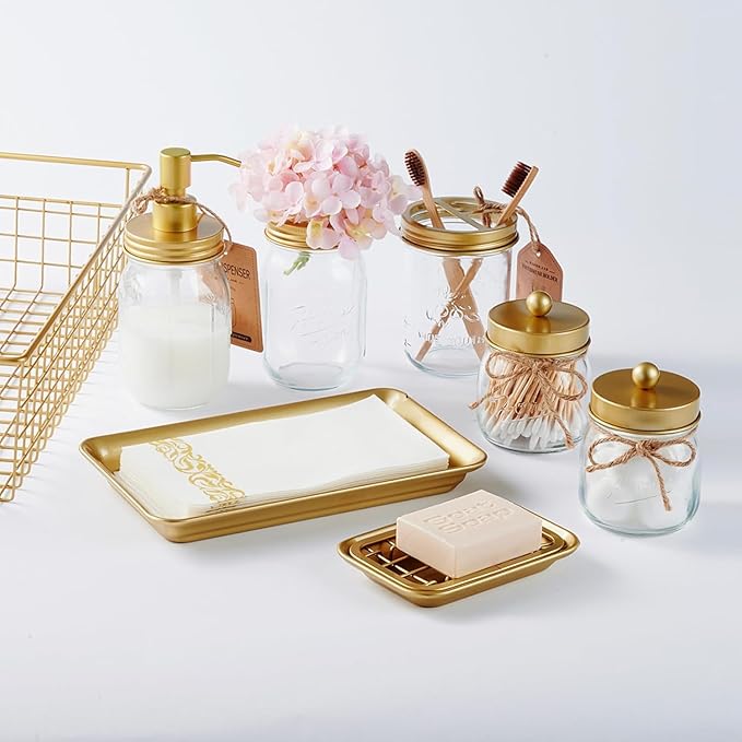 SheeChung Kitchen and Bathroom Soap Dish Tray - Metal Soap Dish Tray with Drainage Grid and Holder for Kitchen Sink Countertops to Store Soap, Sponges, Scrubbers - Rust Resistant (Gold)
