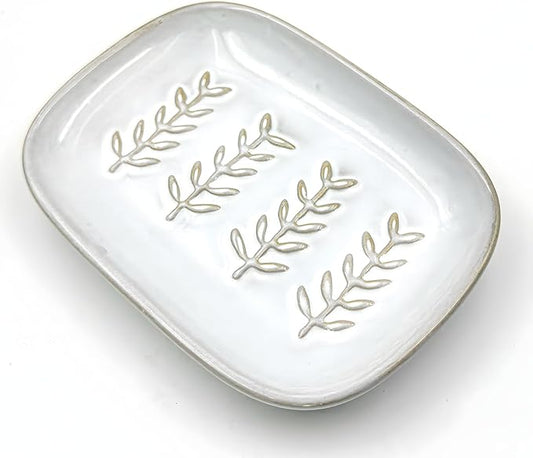 HighHerz Aesthetic Ceramic Soap Dish for Shower, Soap Holder with Raised Relief, Shower Soap Dish for Shampoo Bar Or Sponge, Soap Saver for Bathroom, Kitchen, Sink, Decorative Soap Tray (White)