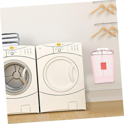 Wall-Mounted Foldable Laundry Basket Pink Mesh Clothes Storage Organizer with Nail-Free Hook for Home Use Space-Saving Design for Bathroom and Bedroom