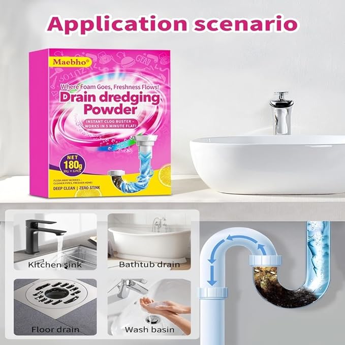 Sink and Drain Cleaner Powder | Fast-Acting Foaming Portable Powerful Powder Pipe Dredge Cleaning for Kitchen, Bathroom, Toilet, Shower Drain Maintenance(6 Unit Pack)