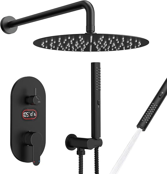 Round Shower Faucet Set with Hydro Power Temperature Display, Shower System Bathroom 10 Inch Shower Head with Handheld Spray, Wall Mounted Shower Fixtures with Shower Valve and Trim Kit, Matte Black
